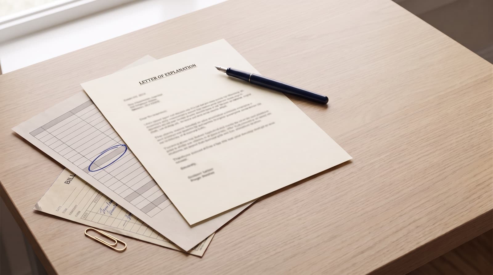A single typed page on a desk beside a bank statement with one deposit line circled in pen