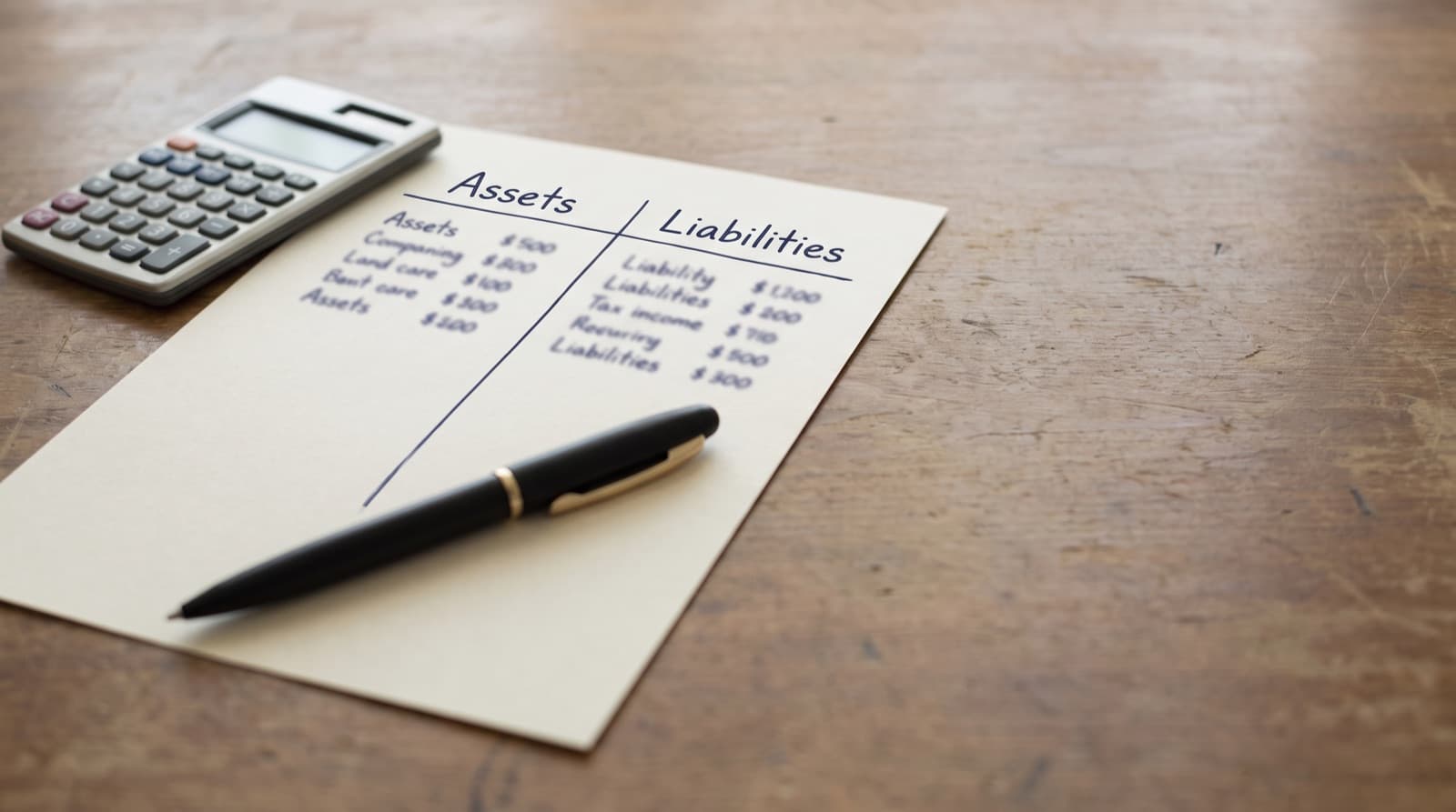A two-column worksheet listing personal assets on the left and liabilities on the right with a net worth total