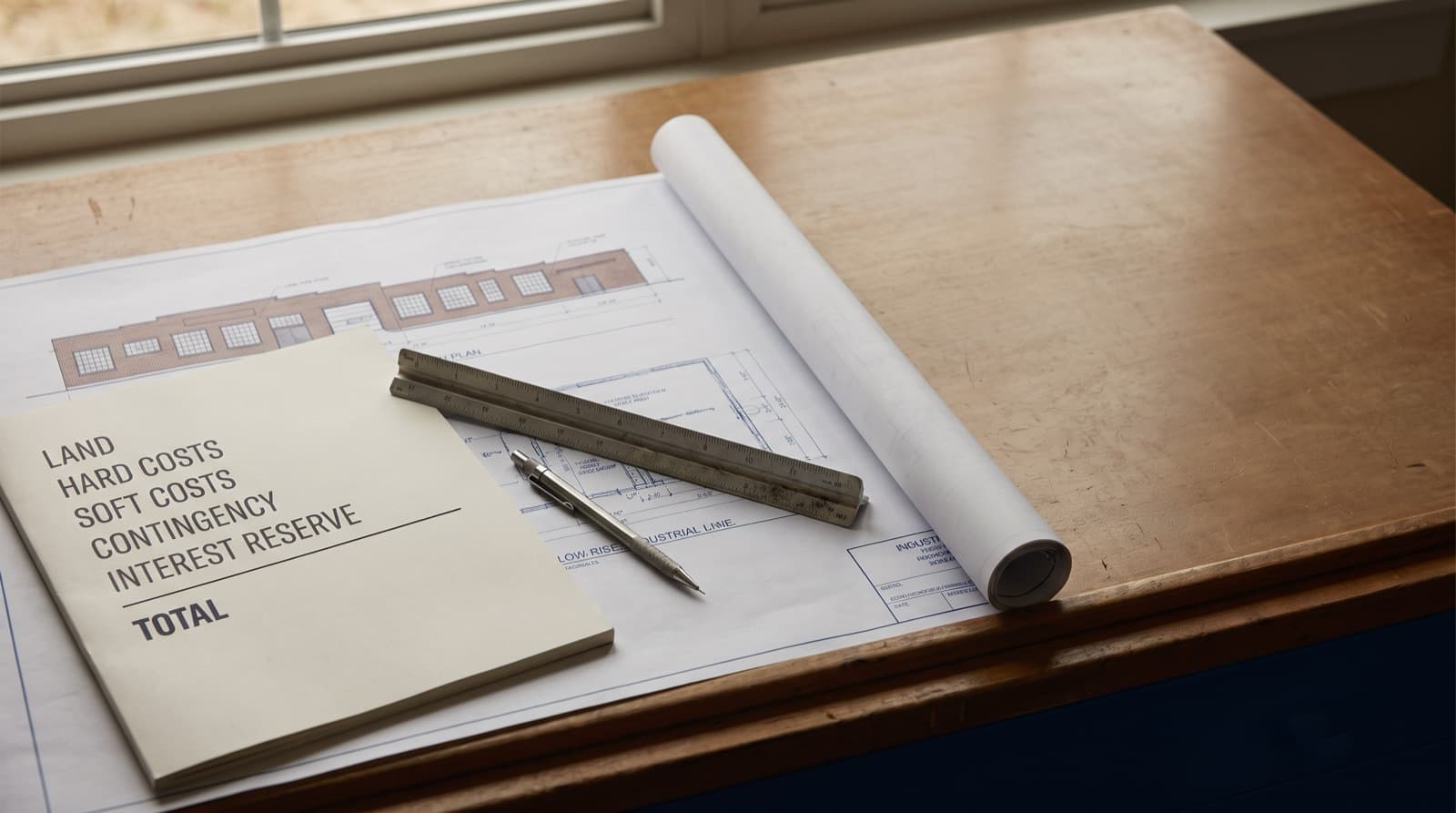 A construction loan budget listing land, hard costs, soft costs and contingency beside a set of rolled building plans