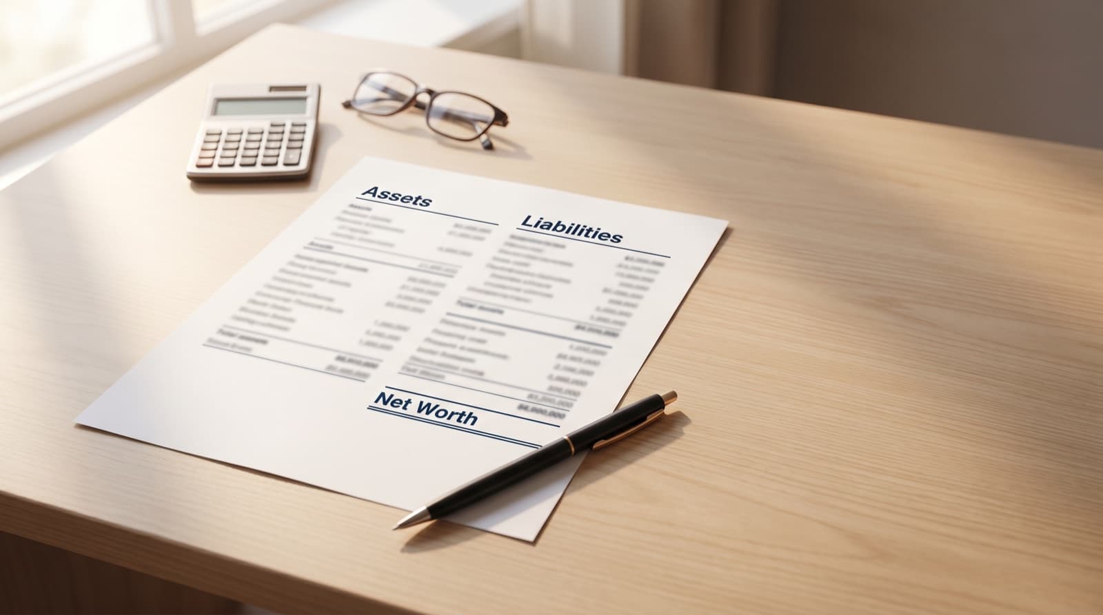 A one-page net worth statement on a desk with an assets column, a liabilities column, and a net worth total at the bottom
