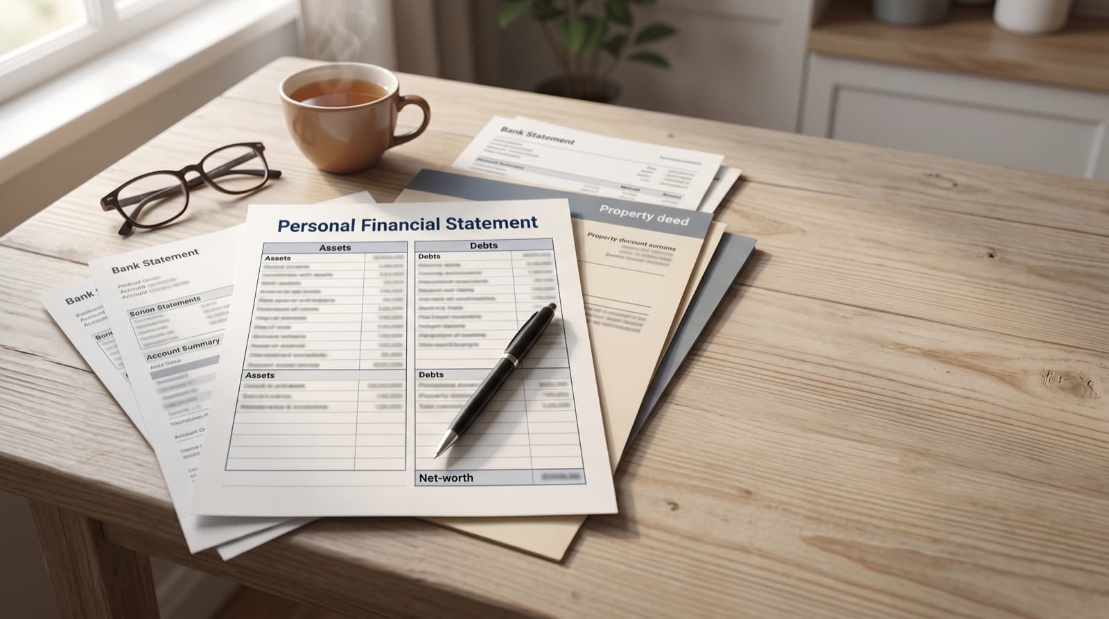 A personal financial statement showing assets, debts, and net worth beside bank statements and a property deed folder