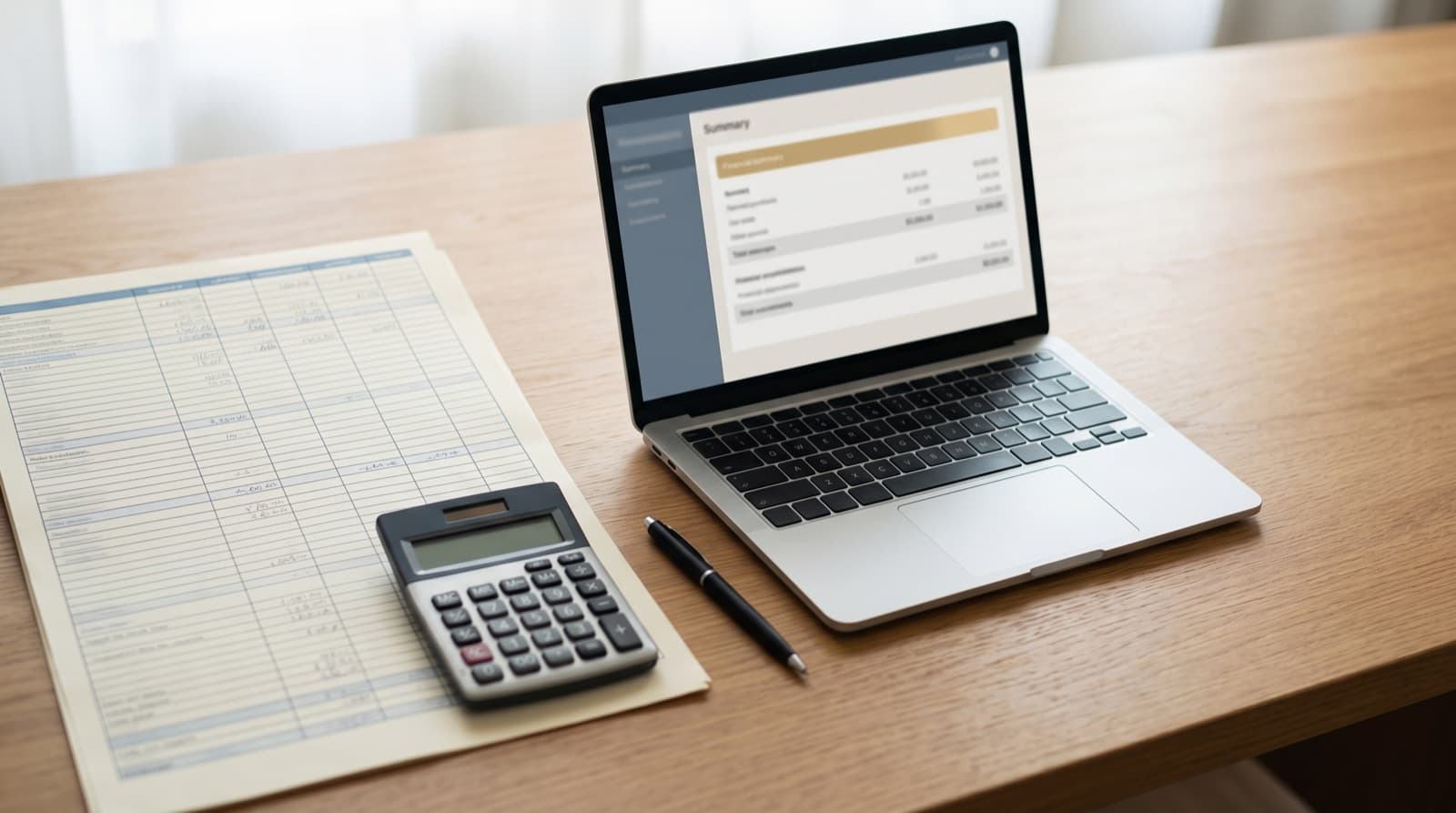 A laptop showing personal financial statement software beside a printed Excel spreadsheet and a calculator on a desk