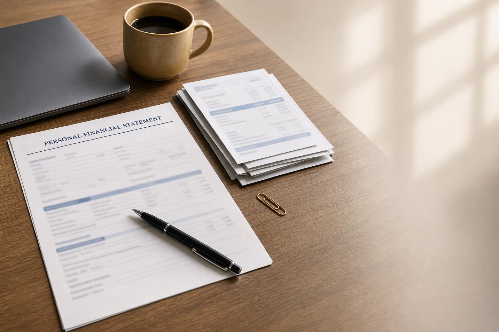 A clean wooden desk with a personal financial statement template and a black ballpoint pen resting across it
