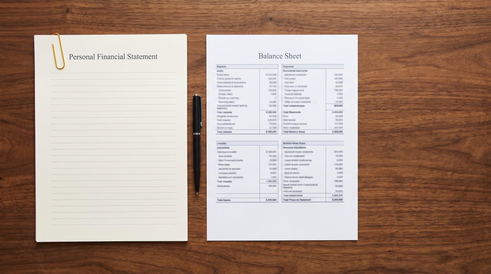 A personal financial statement page beside a business balance sheet on a wooden desk, a pen resting between them