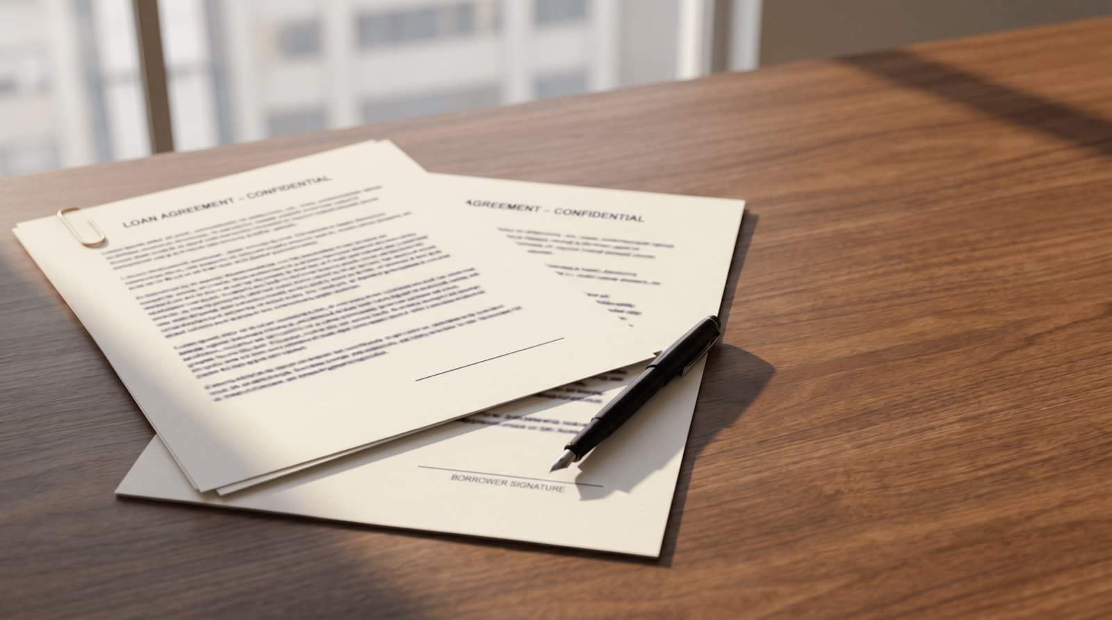 Two overlapping SBA 504 loan documents on a walnut desk, with a fountain pen resting on a borrower signature line