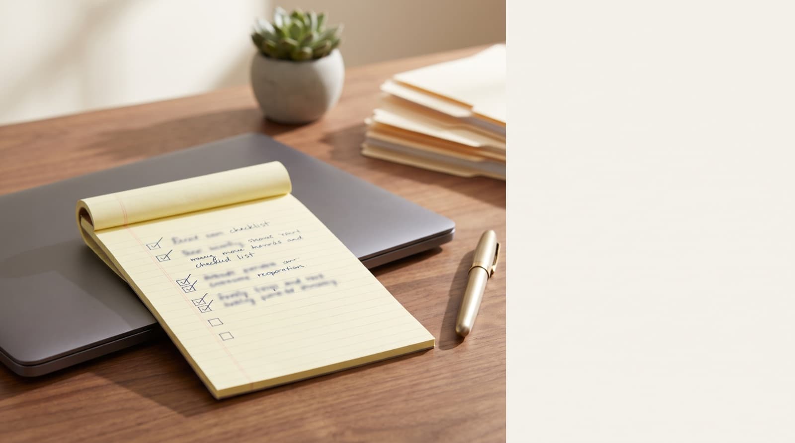 A yellow legal-pad eligibility checklist with hand-drawn checkmarks on a walnut desk beside a laptop and folders