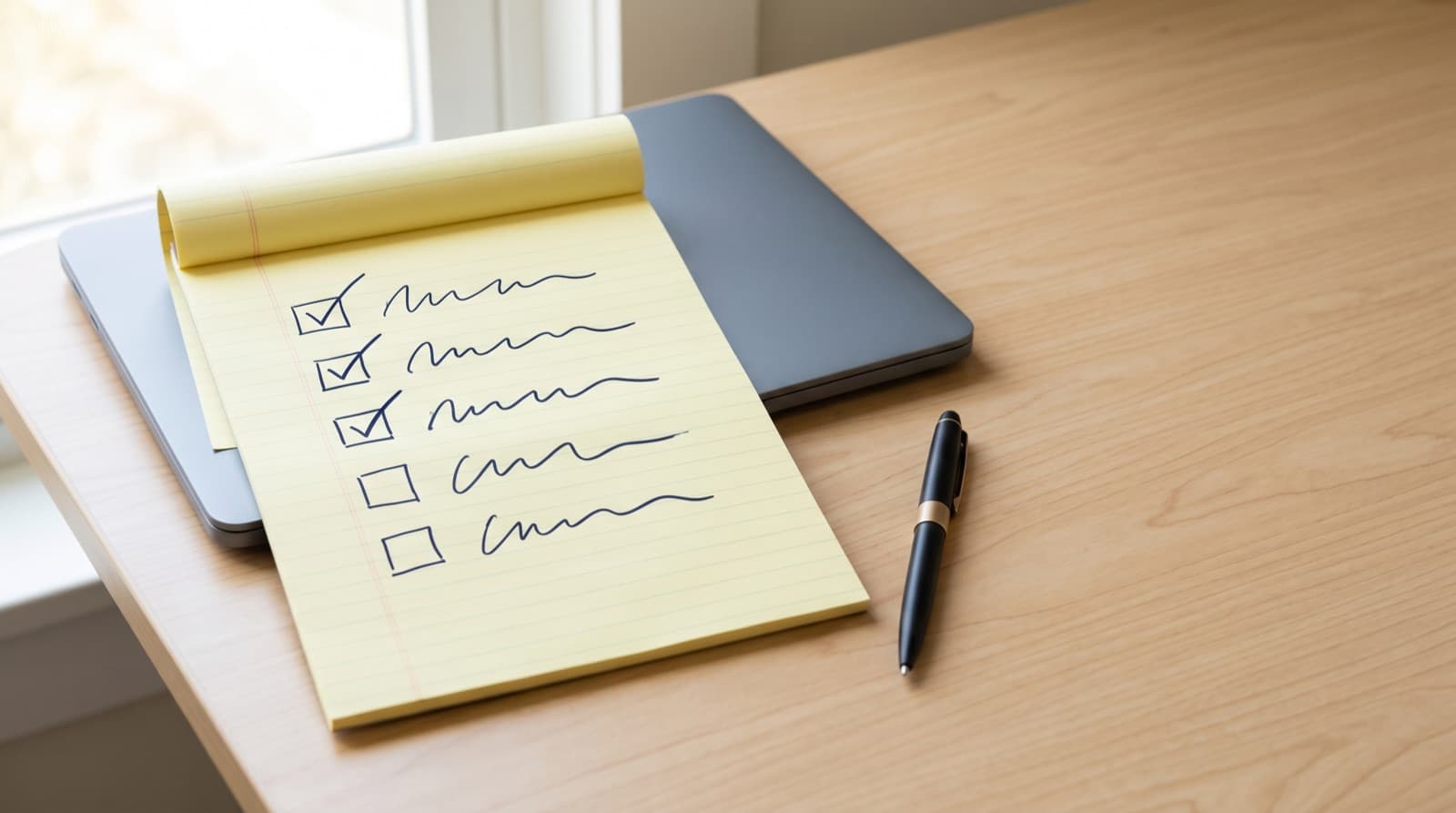 A yellow legal pad with a hand-written ownership and guaranty checklist propped against a closed laptop on a desk, three items checked off