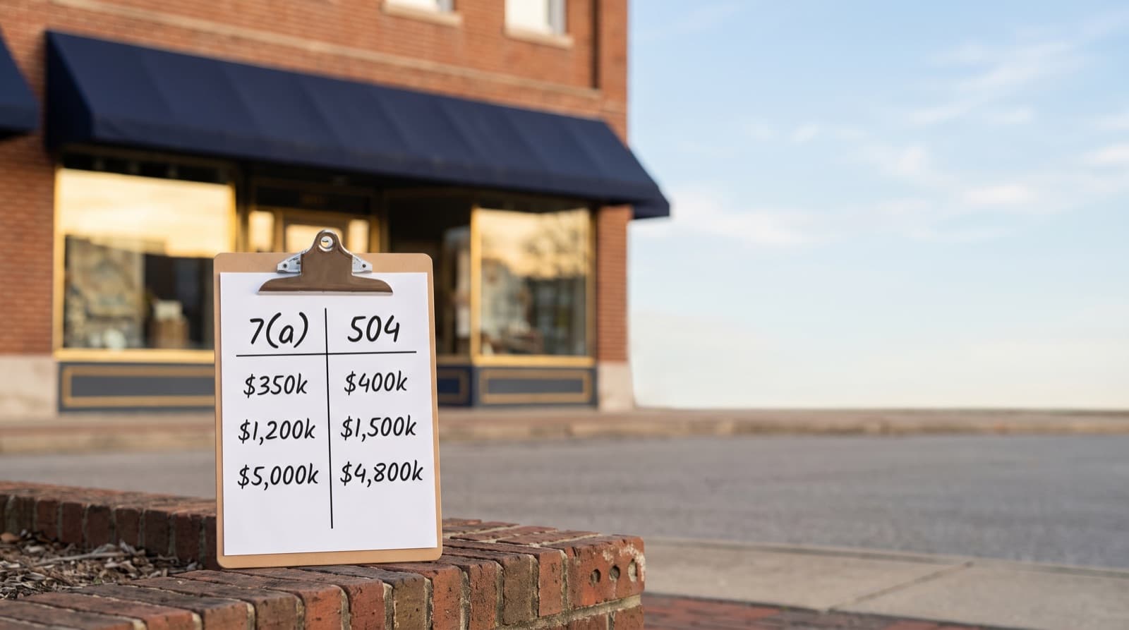 A clipboard comparing SBA 7(a) and 504 loan figures in two columns, in front of a two-story brick commercial building