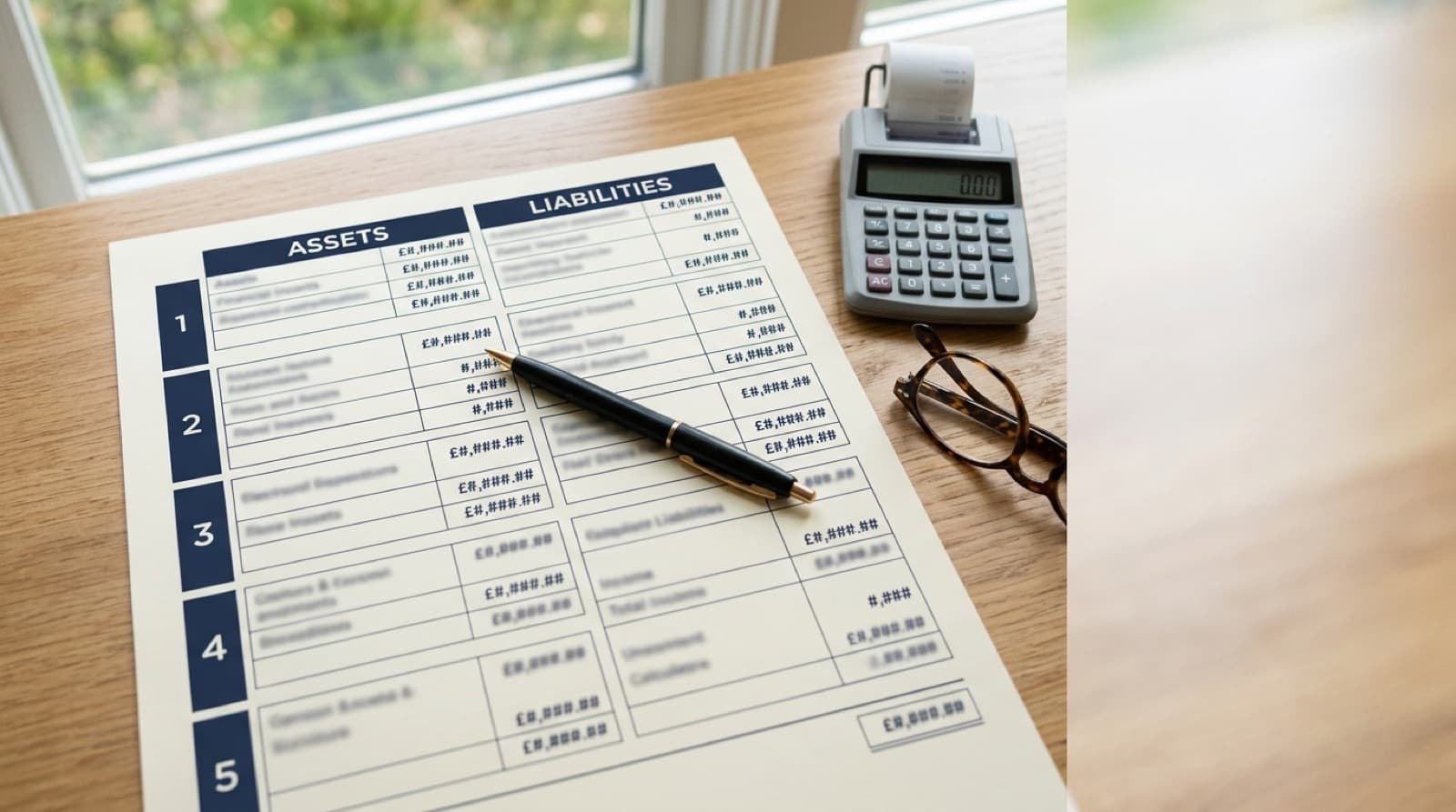 A multi-section personal financial statement with Assets and Liabilities columns and numbered section dividers along the left margin, photographed on a wooden desk with a pen, calculator, and reading glasses in soft window light