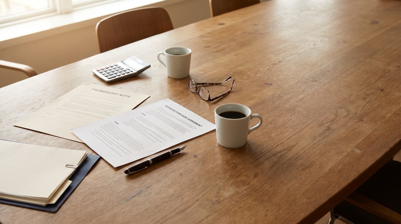 A promissory note and business purchase agreement side by side on a desk with a calculator and two coffee cups