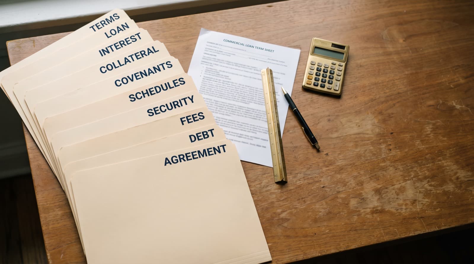 Ten manila file folder tabs fanned across a wooden desk labeled terms, interest, collateral, covenants, and fees, beside a commercial loan term sheet, ruler, pen, and calculator