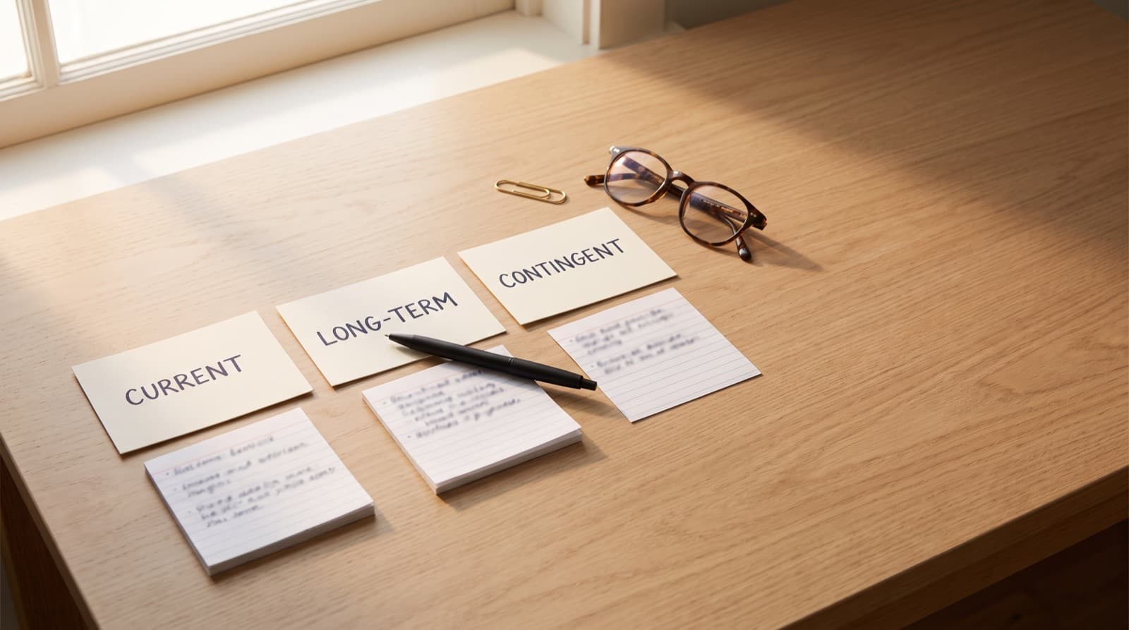 Three index cards on a desk labeled current, long-term, and contingent, each above a stack of handwritten liability notes