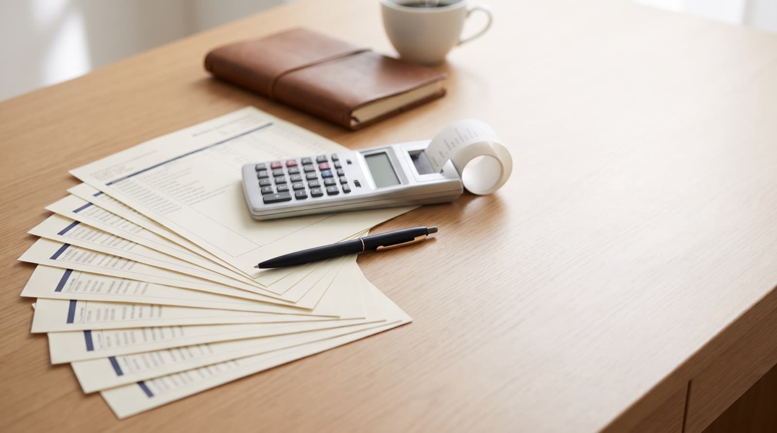 Twelve months of printed bank statements fanned out across a wooden desk beside a printing calculator with its paper tape, a pen, a leather notebook, and a coffee cup