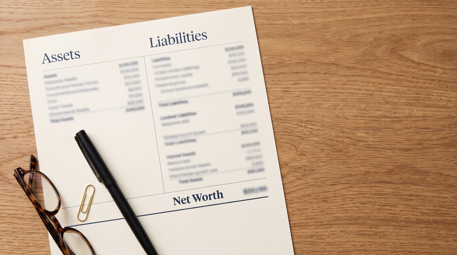 A one-page net worth statement on a desk showing an assets column, a liabilities column, and a net worth total at the bottom