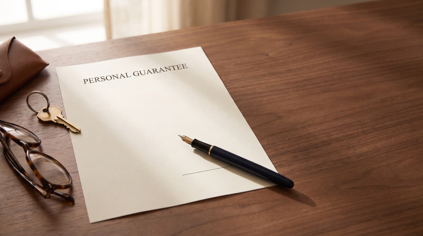 A one-page document headed Personal Guarantee on a desk with a fountain pen resting on the blank signature line beside a brass house key