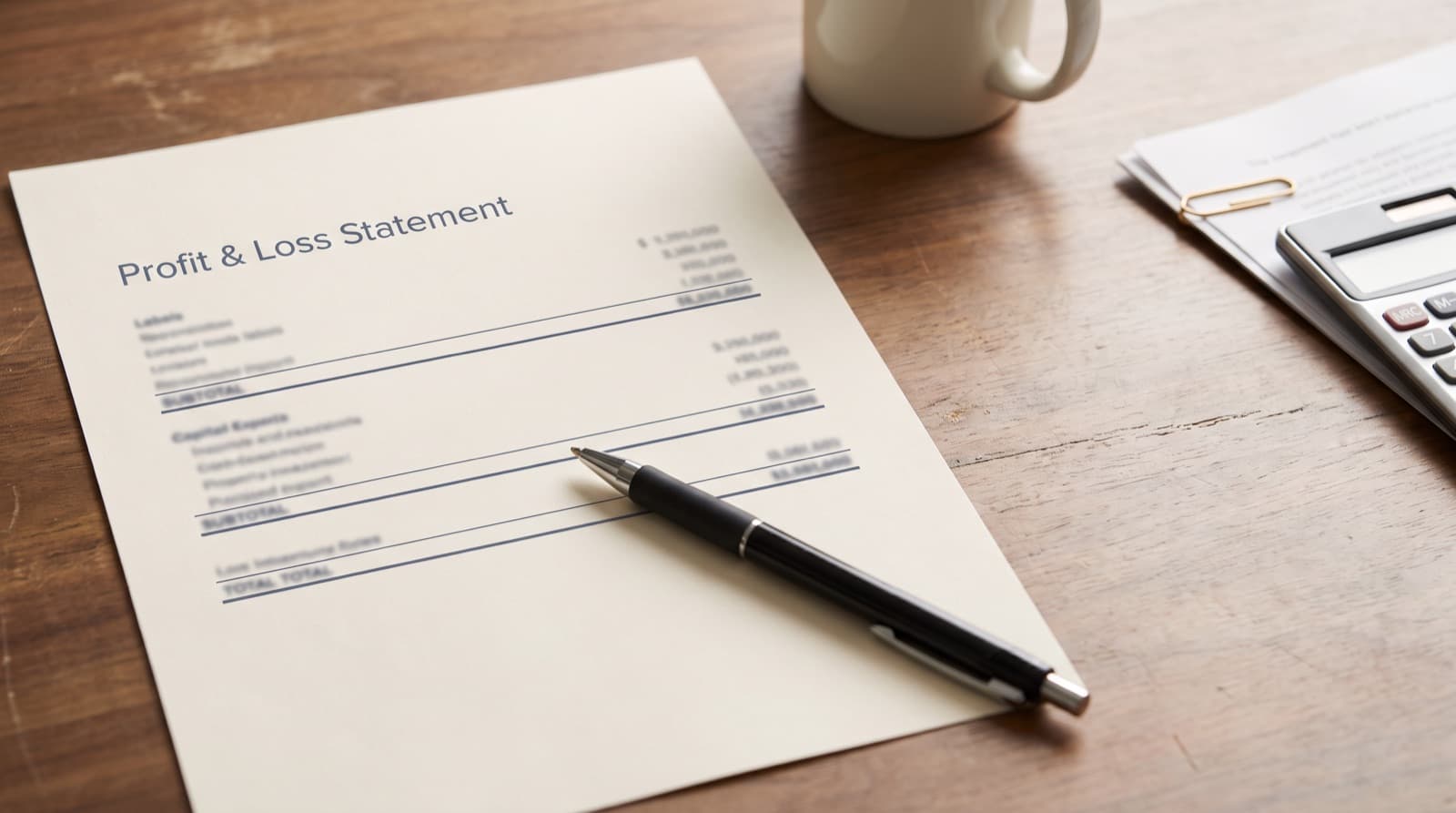 A printed profit and loss statement on a wooden desk with a pen resting across its subtotal lines, a coffee mug and a calculator nearby