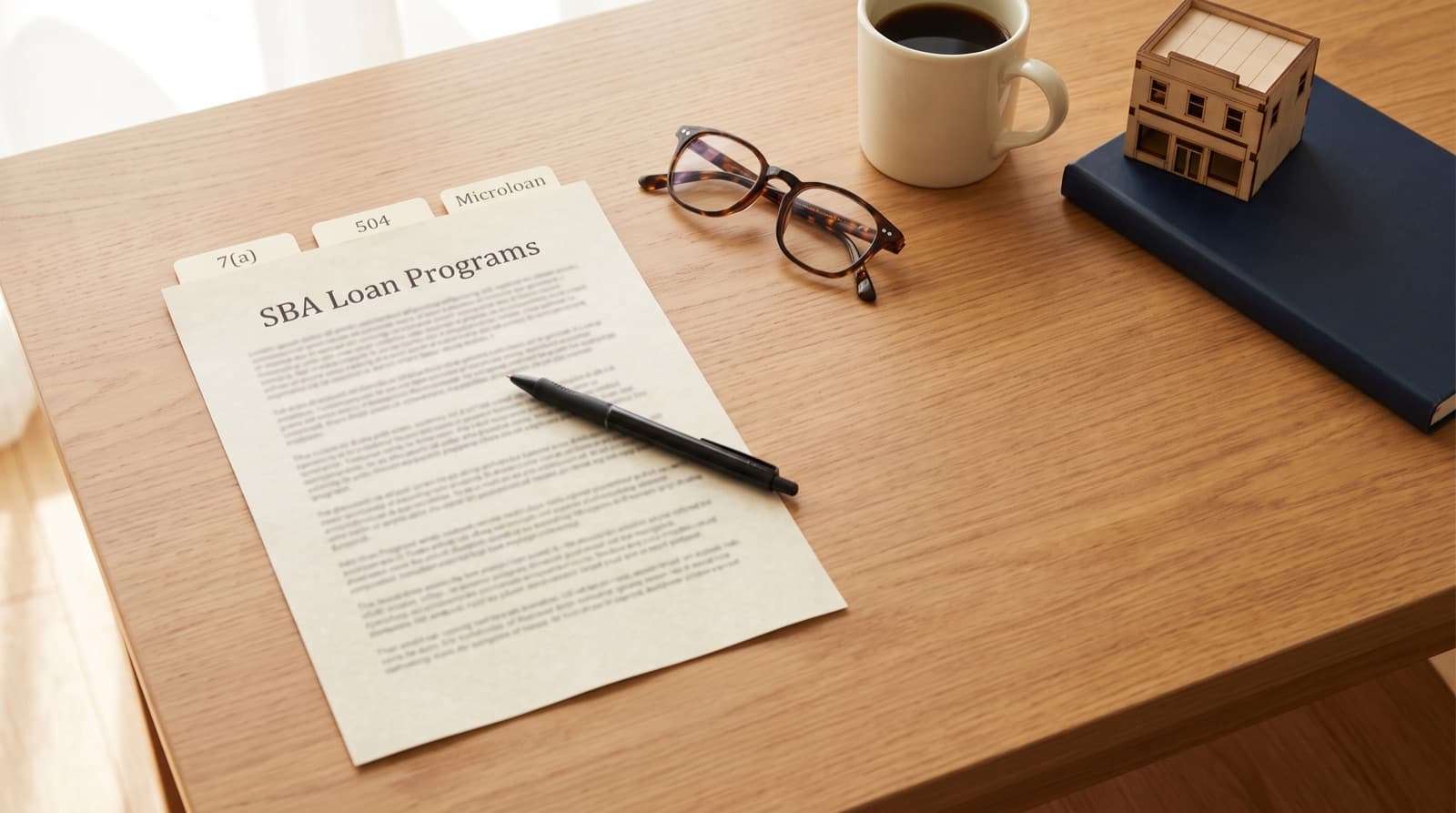A wooden desk with a document headed SBA Loan Programs, a pen, reading glasses, and a small model building in soft daylight