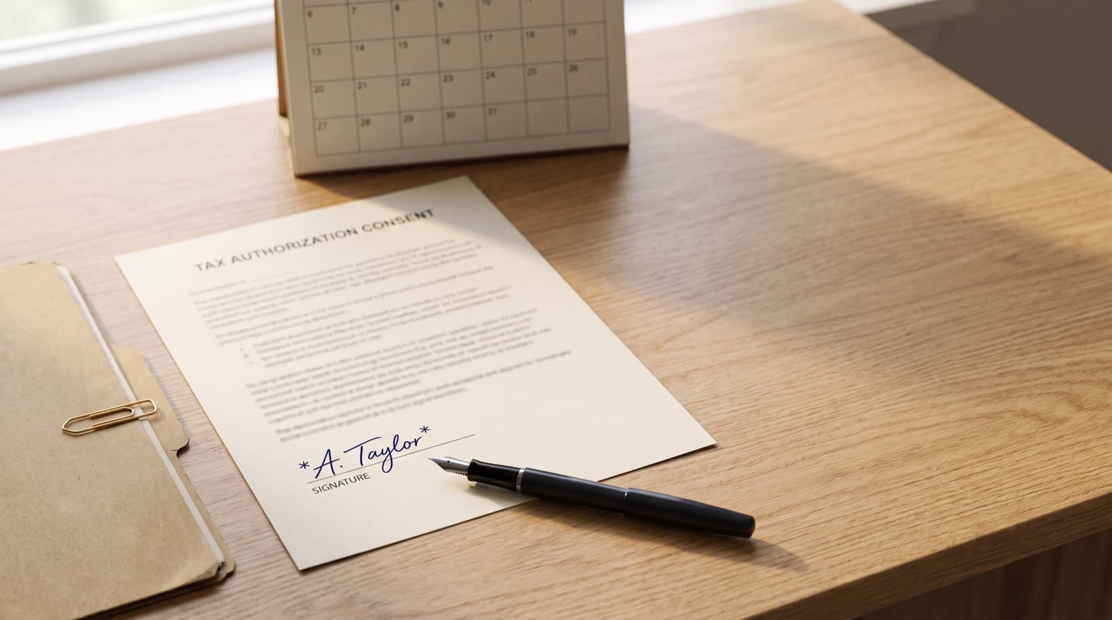A signed tax transcript authorization form on a desk beside a loan file, a calendar, and a pen